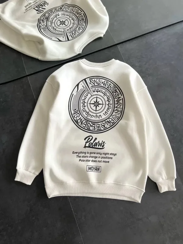 Női Fehér Oversize 3 Szálas Pamut Kerékpárnyakú Nyomott Sweatshirt 2