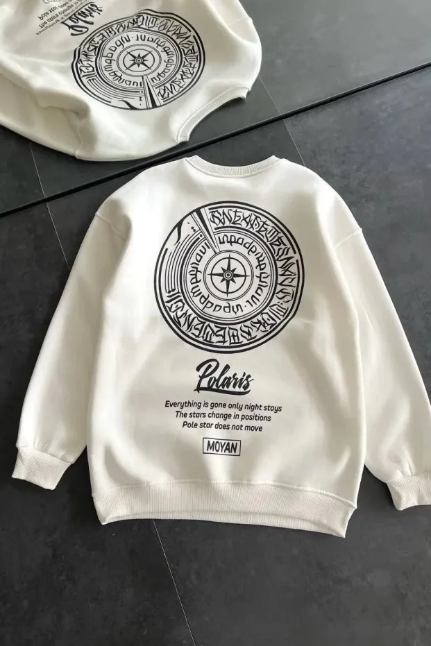 Kadın Beyaz Oversize 3 İplik Pamuklu Bisiklet Yaka Baskılı Sweatshirt 2