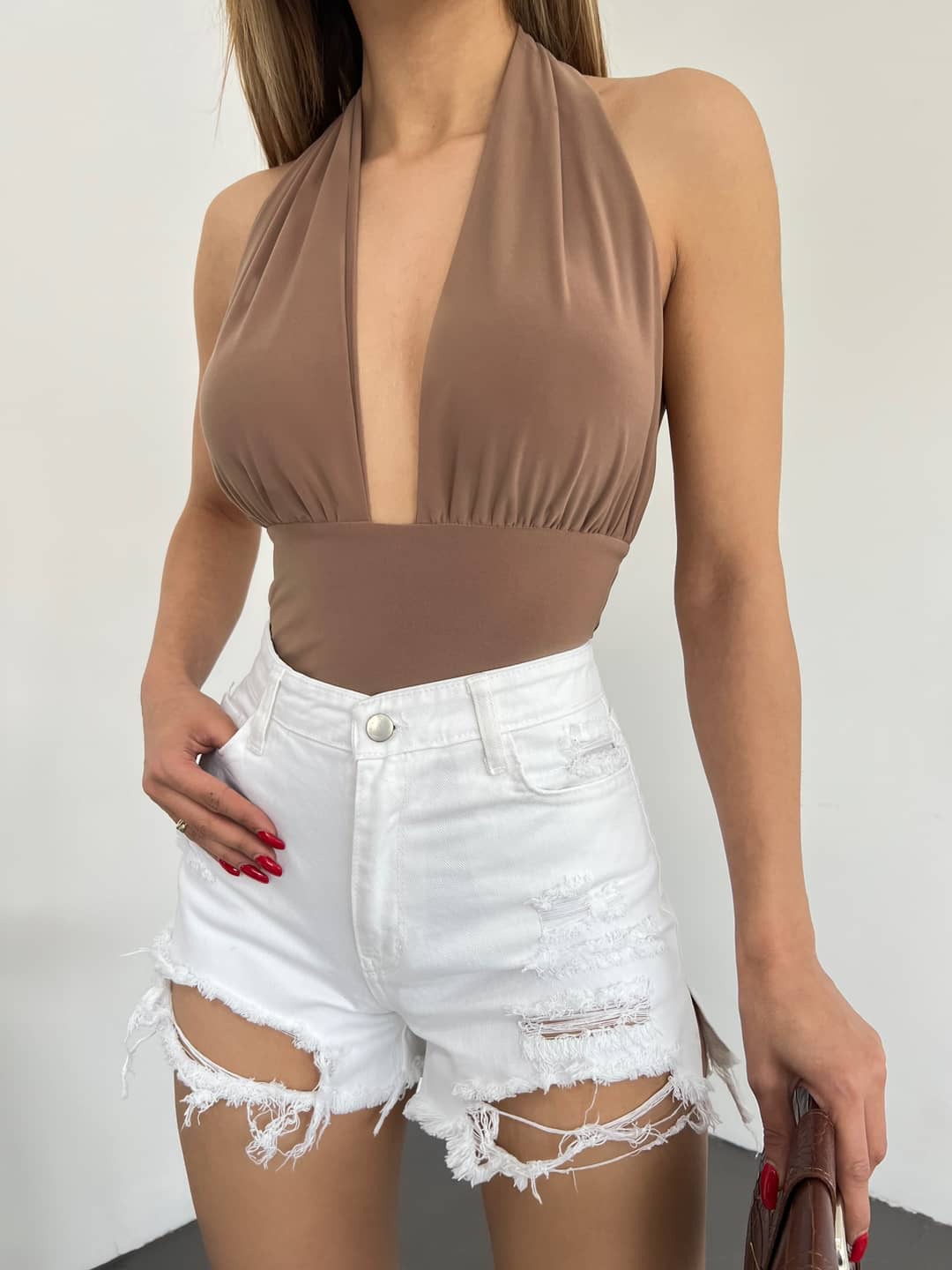 Yıkamalı Lazer Yırtıklı Mini Denim Şort Beyaz