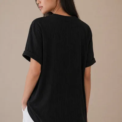 Black Ribbed Oversize Loose Fit Basic T-Shirt 6