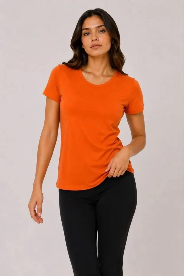 Dámské oranžové slim fit tričko s kulatým výstřihem, základní 2