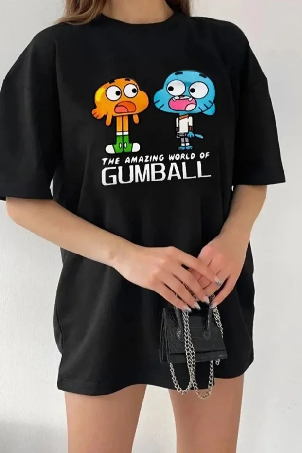 Bluzë e zezë për femra, Oversize, me jakë biçiklete, printim dhe mëngë të shkurtra 2
