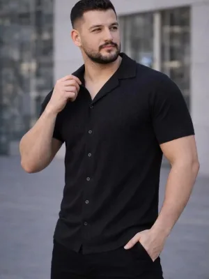 Ανδρικό Μαύρο Regular Fit Πουκάμισο με Waffle Ύφασμα, Κουμπιά και Ανοιχτό Γιακά