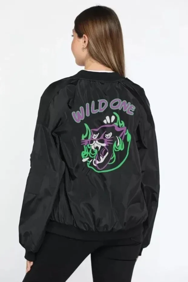 Dámská černá oversize bomber bunda, s potiskem, se zipem, s kapsami, prošívaná 1