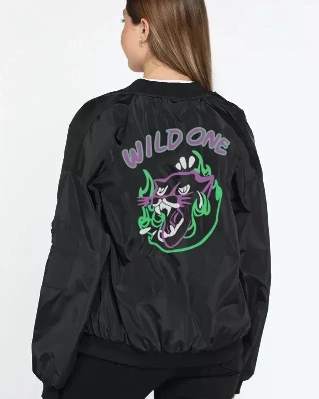 Dámská černá oversize bomber bunda, s potiskem, se zipem, s kapsami, prošívaná