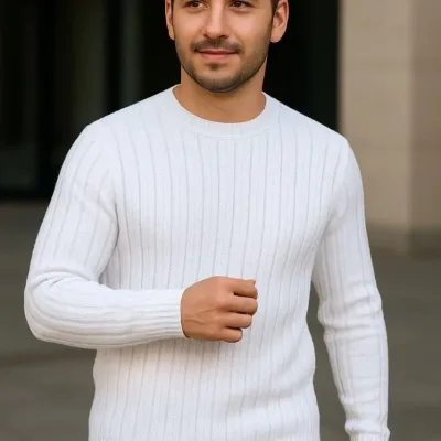 Muški bež crni beli debeli pamučni rebrasti triko džemper set 4