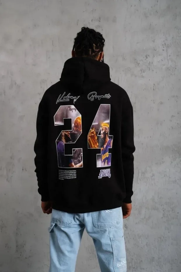 Men's Black Oversize 3-Thread Cotton Printed Hooded Sweatshirt with Pockets 4