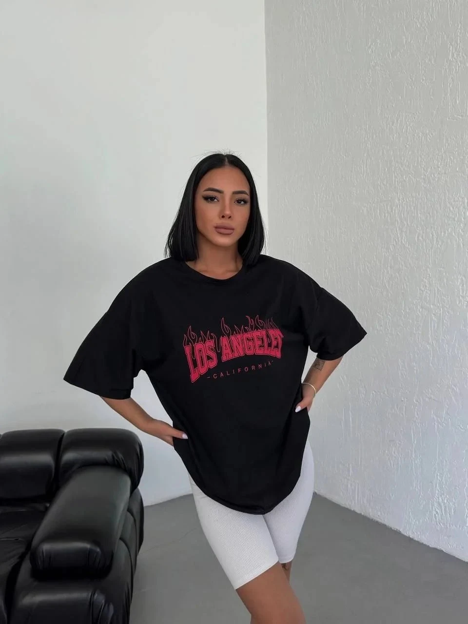 Ženska Crna Oversize Bicikli Kragna Los Angeles Štampana Majica