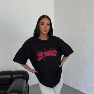 Ženska Crna Oversize Bicikli Kragna Los Angeles Štampana Majica 1
