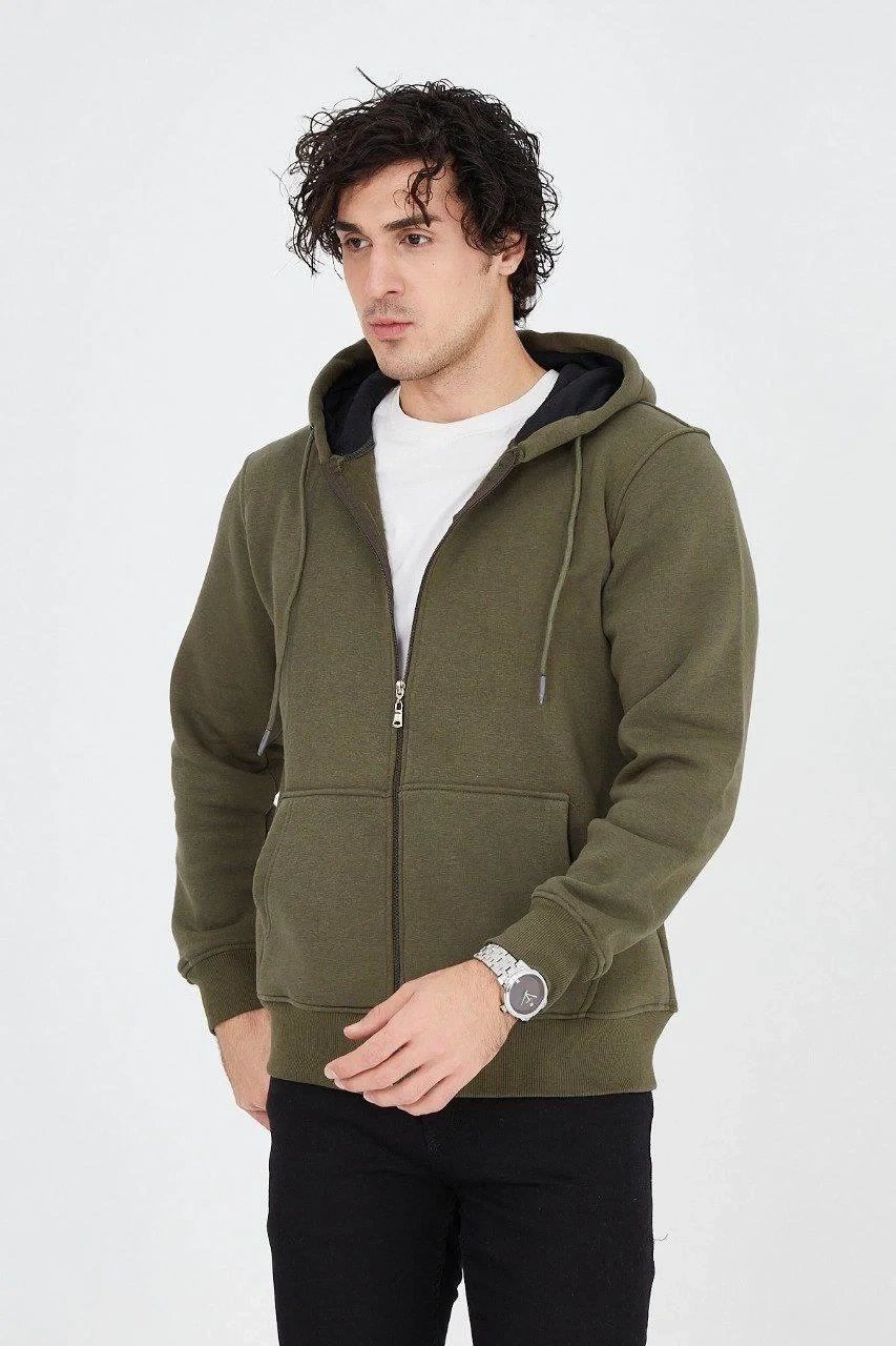 Erkek Yeşil 3 İplik Pamuklu Fermuarlı Kapüşonlu Kanguru Cepli Hoodie