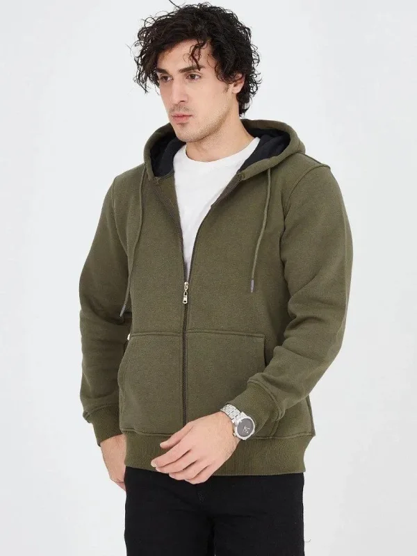 Muški zeleni 3-nitni pamučni hoodie sa patentnim zatvaračem, kapuljačom i džepovima tipa klokan 1