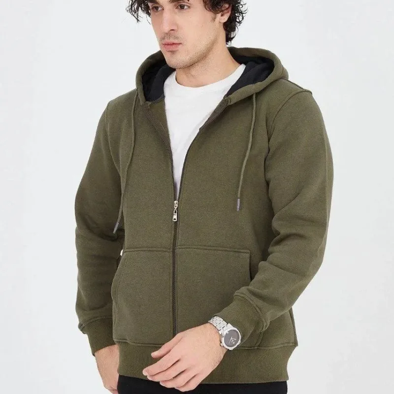 Men's Green 3-Thread Cotton Zip-Up Hooded Kangaroo Pocket Hoodie