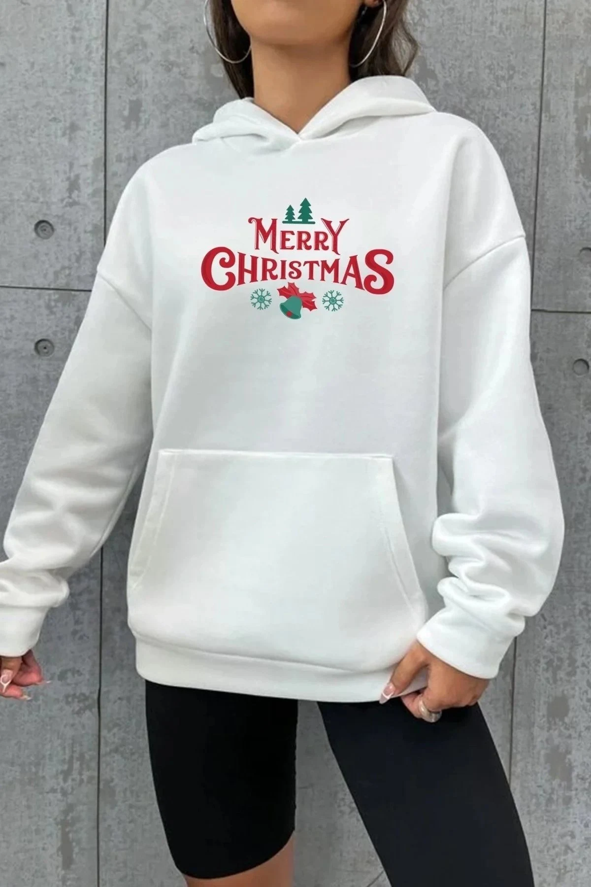 Kişi Ağ Oversize Yeni il Merry Christmas Çaplı Başlıqlı Sviter