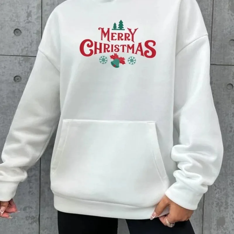 Férfi Fehér Oversize Karácsony Merry Christmas Nyomott Kapucnis Sweatshirt