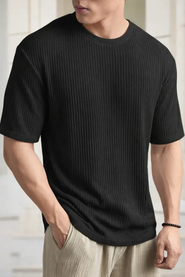 Siyah Oversize Fitilli Pamuk Bol Kesim Bisiklet Yaka T-Shirt 6