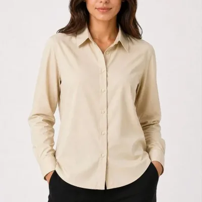 Women's Beige Buttoned Classic Collar Long Sleeve Shirt 2