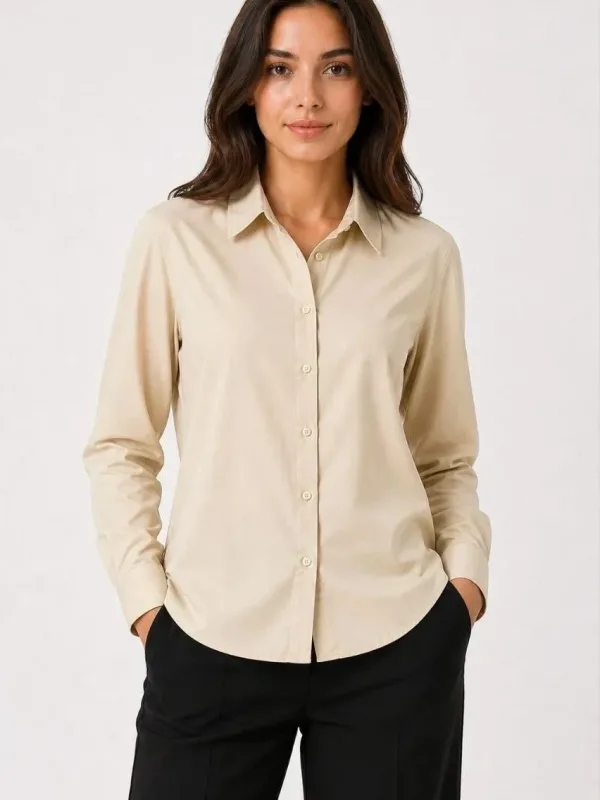 Women's Beige Buttoned Classic Collar Long Sleeve Shirt 2