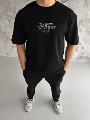 Машки црн oversize велосипед јака печатена летна маица