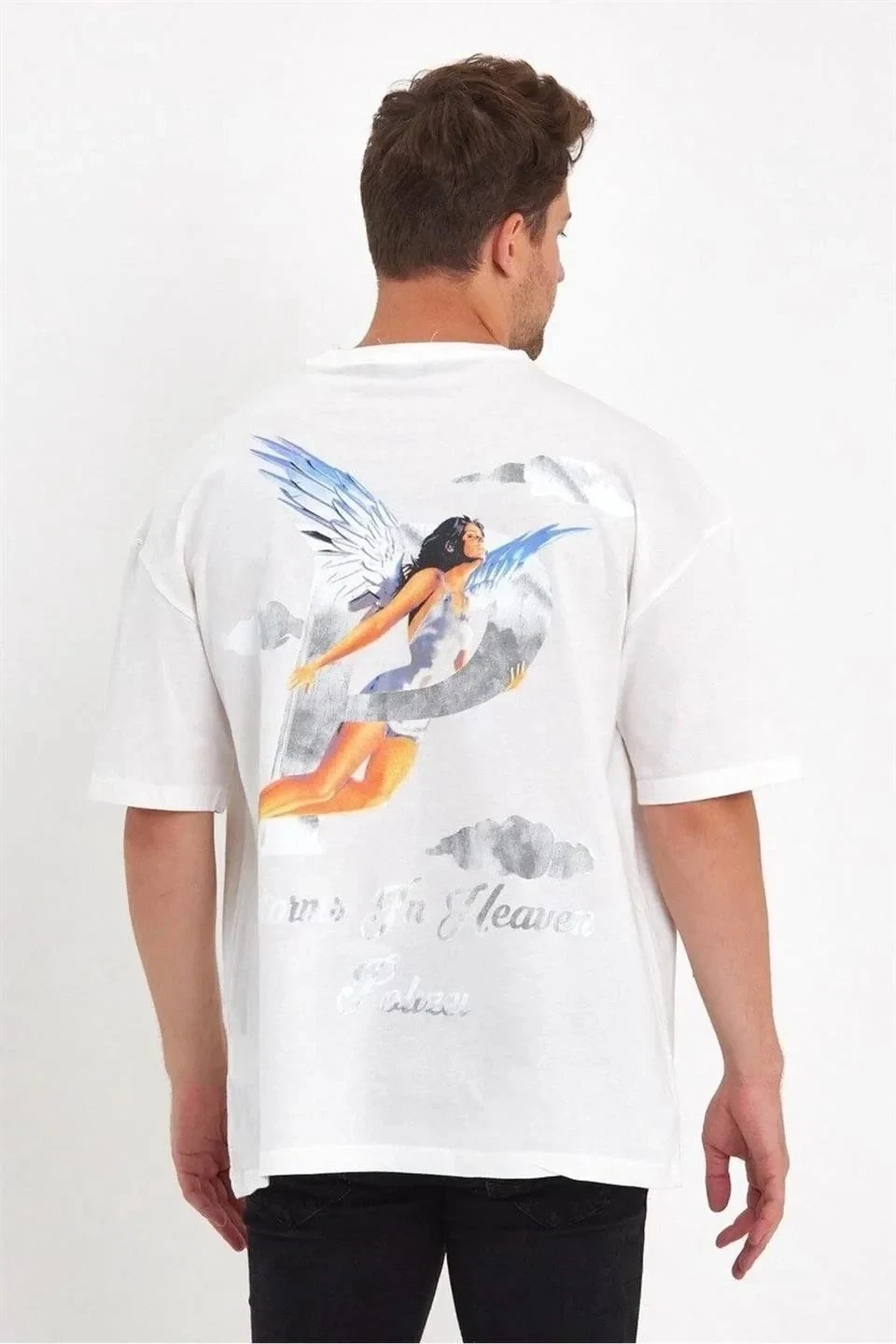 Muška Bijela Oversize Biciklistička Kragna Anđeo Print Majica
