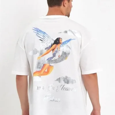 Muška Bijela Oversize Biciklistička Kragna Anđeo Print Majica 1