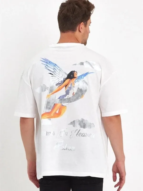 Muška Bijela Oversize Biciklistička Kragna Anđeo Print Majica 1