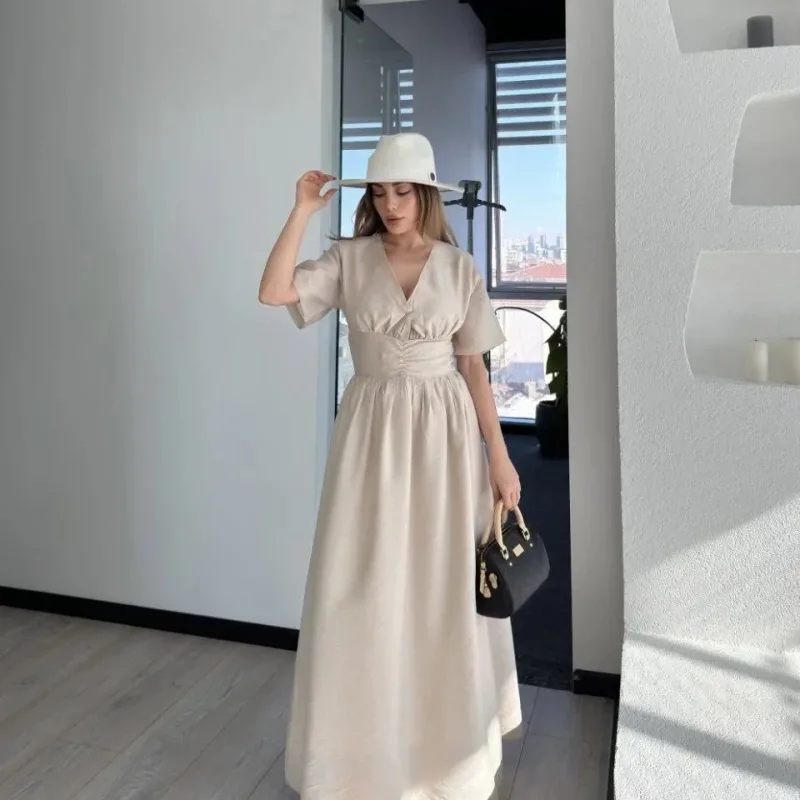 Women's Off-White Short Sleeve Long Dress