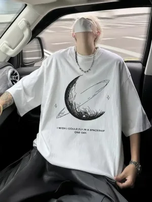 Ανδρικό Λευκό Oversize Ποδήλατο Λαιμό Εκτύπωση T-Shirt
