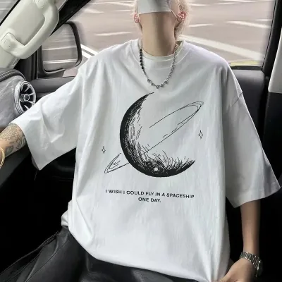 Ανδρικό Λευκό Oversize Ποδήλατο Λαιμό Εκτύπωση T-Shirt 1