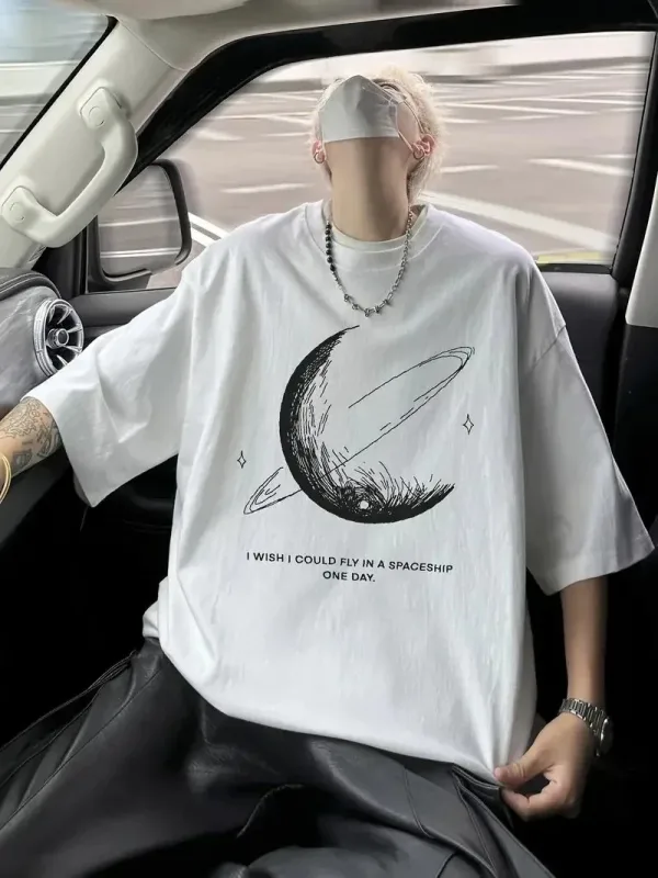 Ανδρικό Λευκό Oversize Ποδήλατο Λαιμό Εκτύπωση T-Shirt 1