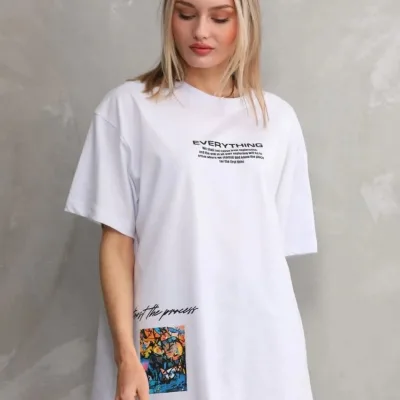 Женски Бел Oversize Бициклета Јака Печатена Маица 5