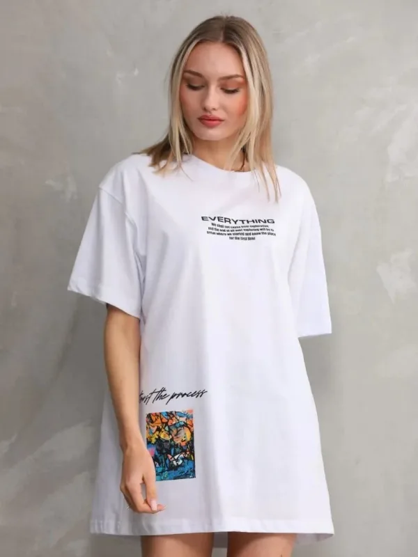 Женски Бел Oversize Бициклета Јака Печатена Маица 5