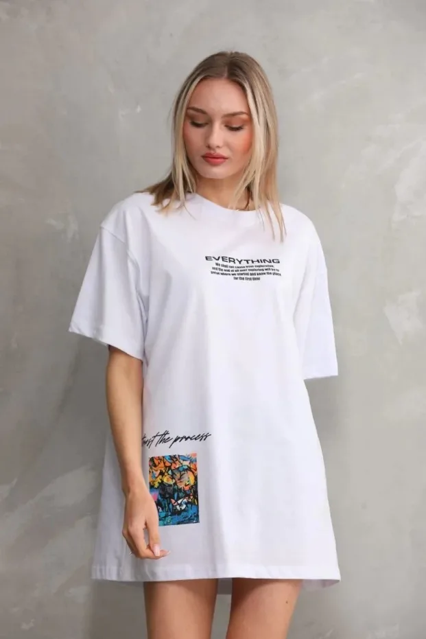 Kadın Beyaz Oversize Bisiklet Yaka Baskılı Pamuklu Tişört 5