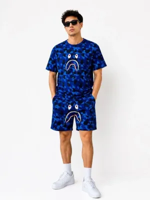 Men's Blue Oversize Embroidered Shark Pocket Shorts Set