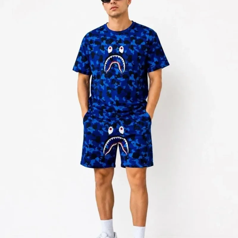 Muški plavi oversize set s vezom i shark šorc s džepovima