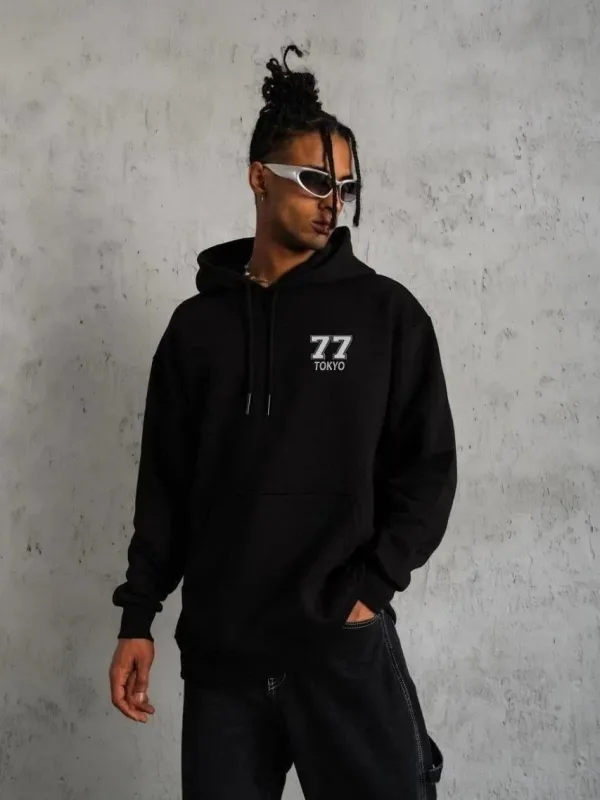 Muški crni oversize 3-nitni pamučni hoodie s printom