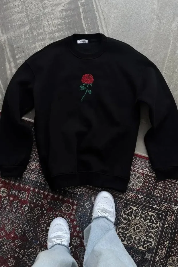 Damski Czarny Oversize Kaptur Róża Nadruk Bawełniany Sweatshirt 4