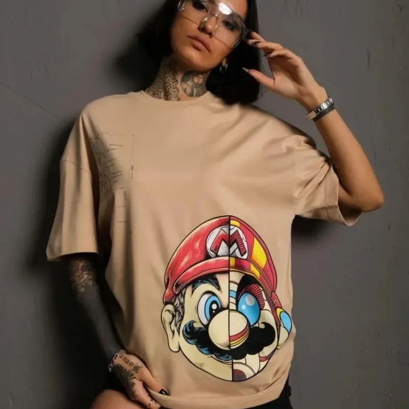 Women's Beige Oversize Crew Neck Mario Printed T-Shirt