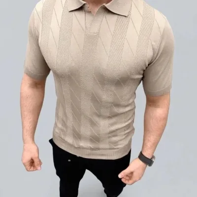 Kişi Bej Toxuma Triko Qısa Qol Polo Yaxalı Köynək 4