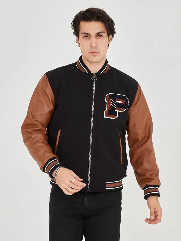 Men's Brown Fiber-Lined Faux Leather Sleeve Winter Jacket