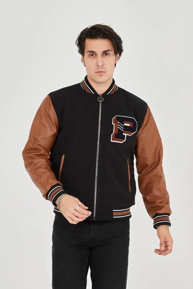 Jacket for Men, Brown, with Fiber Lining, Faux Leather Sleeves, Winter 1