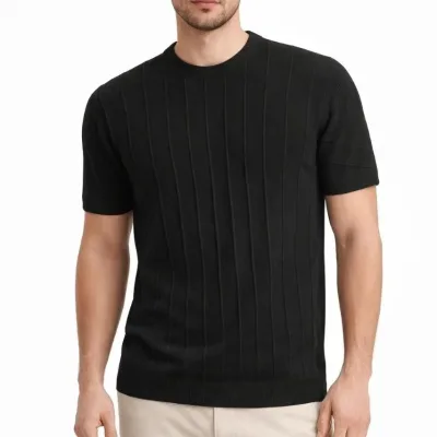 Man Black Crew Neck Ribbed Knit T-Shirt 1