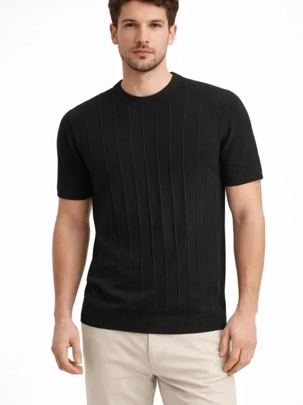 Man Black Crew Neck Ribbed Knit T-Shirt 1