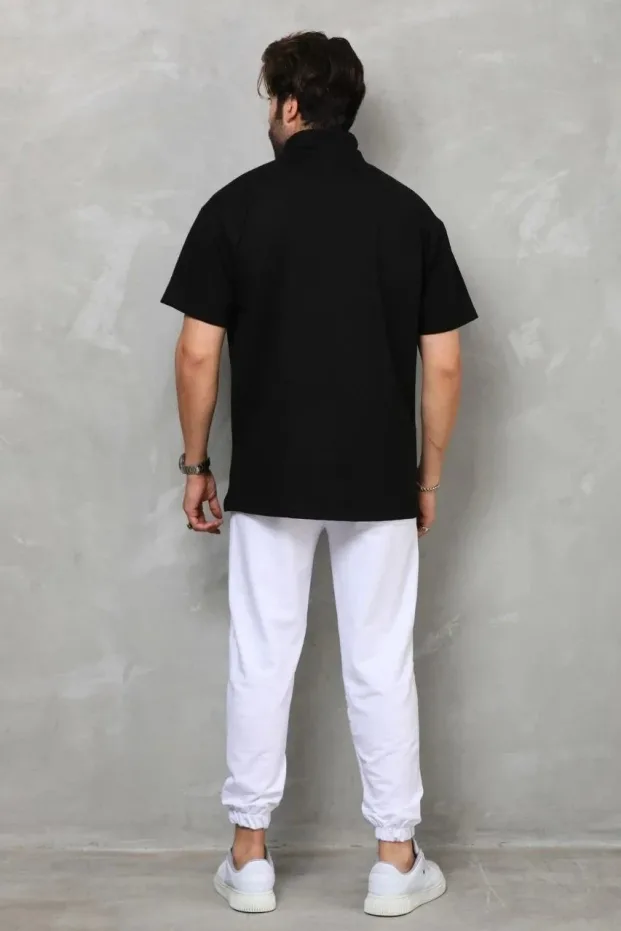 Erkek Siyah Oversize Yarım Fermuarlı Pamuklu Tişört 8
