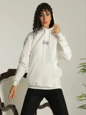 Damski Biały Oversize Kaptur z Kieszenią Nadruk Bawełniany Sweatshirt