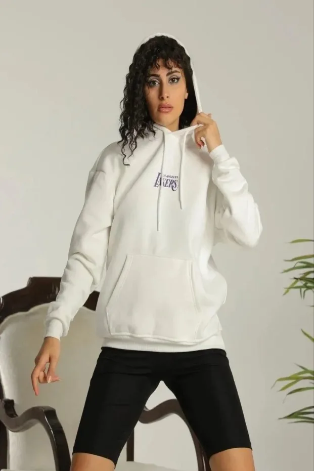 Γυναικείο Λευκό Oversize Φούτερ με Κουκούλα, Τσέπες και Τύπωμα Βαμβακερό 1