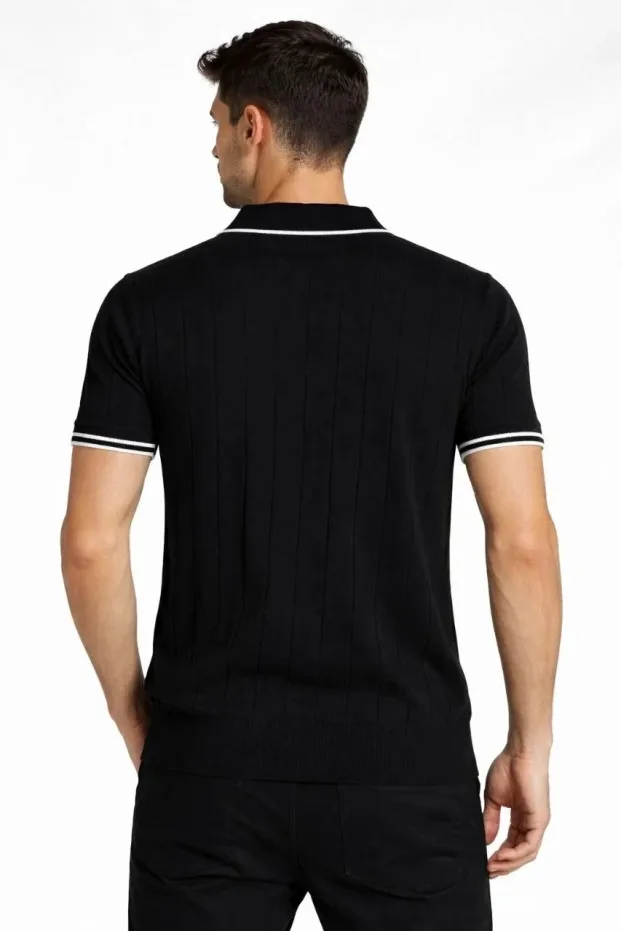Erkek Siyah 3'lü Set Fermuarlı Polo Yaka Triko Tişört 5