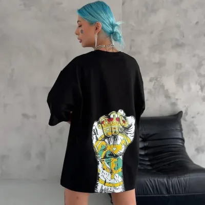 Women's Black Oversize Crew Neck Printed Summer T-Shirt 2