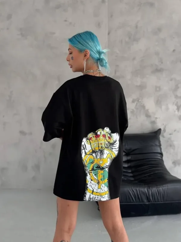 Women's Black Oversize Crew Neck Printed Summer T-Shirt 2