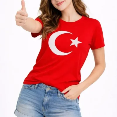 Qadın Qırmızı Velosiped Yaxalı Ay Ulduz Bayraq Çap Köynək 3
