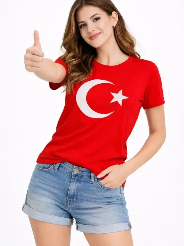 Qadın Qırmızı Velosiped Yaxalı Ay Ulduz Bayraq Çap Köynək 3